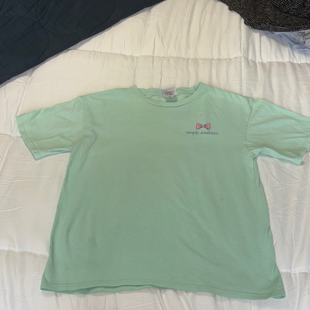 Simply Southern Kids Light Green Tee with Pink Bow - Youth Large